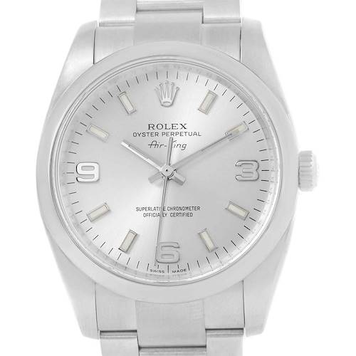 This is a front view of the Rolex Air-King 20465 Men's Stainless Steel Silver Dial 20465 Men's Stainless Steel Silver Dial watch, showing the dial, hour markers, hands, crown, and part of the bracelet.