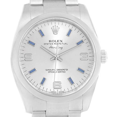 The image shows a frontal view of a Rolex Air-King 114200 Men's Stainless Steel Silver Dial 114200 Men's Stainless Steel Silver Dial watch, highlighting its dial, markers, and crown.