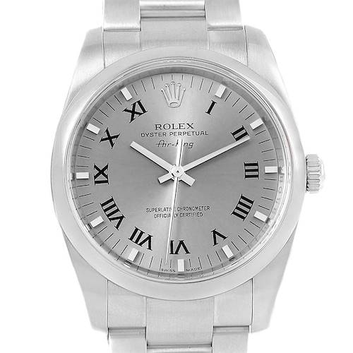 The image shows a front view of a Rolex Air-King 114200 Stainless Steel White Dial 114200 Stainless Steel White Dial watch, featuring its dial, hands, and part of the bracelet.