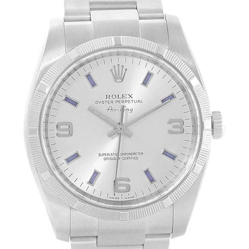 The image shows a frontal view of the Rolex Air-King 114210 Men's Stainless Steel Silver Dial 114210 Men's Stainless Steel Silver Dial watch, highlighting its dial, bezel, and bracelet.
