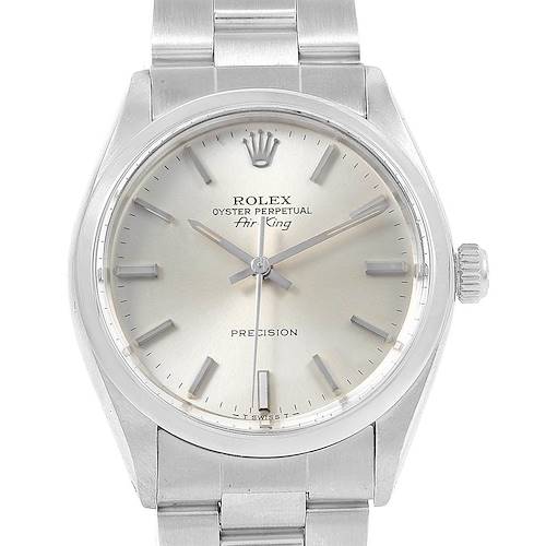 The image shows a front view of the Rolex Air-King 5500 Men's Stainless Steel Silver Dial 5500 Men's Stainless Steel Silver Dial watch, displaying the face, hands, bezel, and part of the bracelet.