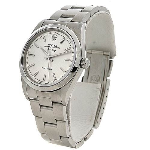 The Rolex Air-King 14000 Men's Stainless Steel Silver Dial 14000 Men's Stainless Steel Silver Dial watch is shown at a three-quarter angle, displaying its face, bracelet, and clasp.