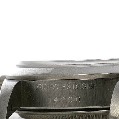 This image shows a close-up of the side of a Rolex Air-King 14000 Men's Stainless Steel Silver Dial 14000 Men's Stainless Steel Silver Dial watch case, highlighting the "ORIG.ROLEX DESIGN 14000" engraving.