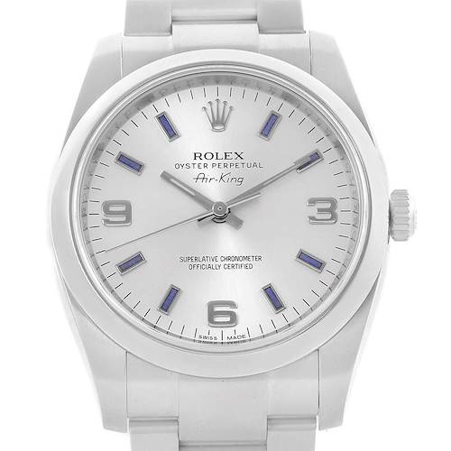 The image shows a frontal view of the dial and case of the Rolex Air-King 114200 Men's Stainless Steel Silver Dial 114200 Men's Stainless Steel Silver Dial watch model.