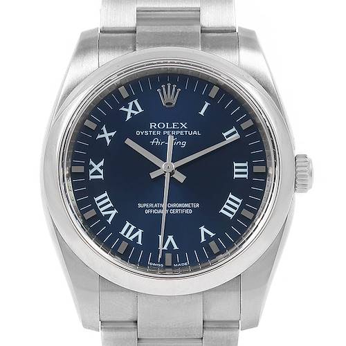 The image shows a front view of the Rolex Air-King 114200 Men's Stainless Steel Blue Dial 114200 Men's Stainless Steel Blue Dial watch, highlighting its blue dial, Roman numerals, and stainless steel bracelet.