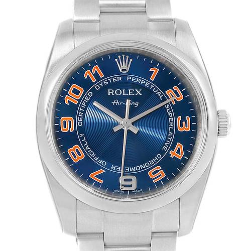The image shows a front view of the Rolex Air-King 114200 Men's Stainless Steel Blue Dial 114200 Men's Stainless Steel Blue Dial watch, displaying its blue dial, hour markers, and stainless steel band.