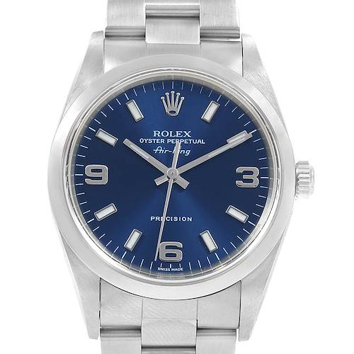 The image shows a frontal view of the Rolex Air-King 14000 Men's Stainless Steel Blue Dial 14000 Men's Stainless Steel Blue Dial watch, highlighting its blue dial, hour markers, hands, and stainless steel bracelet.