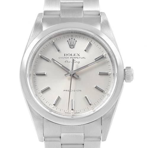 The image shows a front view of a Rolex Air-King 14000 Men's Stainless Steel Silver Dial 14000 Men's Stainless Steel Silver Dial watch, highlighting its dial, hands, crown, and bracelet.