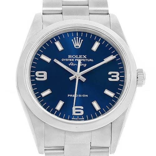 The image shows a front view of a Rolex Air-King 14000 Men's Stainless Steel Blue Dial 14000 Men's Stainless Steel Blue Dial watch, highlighting the blue dial, hour markers, and stainless steel bracelet.
