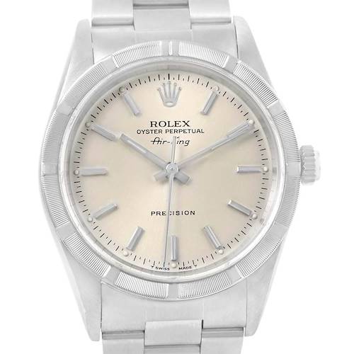 Close-up of a Rolex Air-King 14010 Men's Stainless Steel Silver Dial 14010 Men's Stainless Steel Silver Dial watch showing the dial, crown, and part of the bracelet at a front angle.