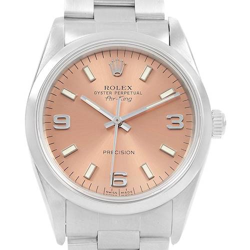 The image shows a front view of a Rolex Air-King 14000 Men's Stainless Steel Pink Dial 14000 Men's Stainless Steel Pink Dial watch, highlighting the dial, hands, and part of the bracelet.