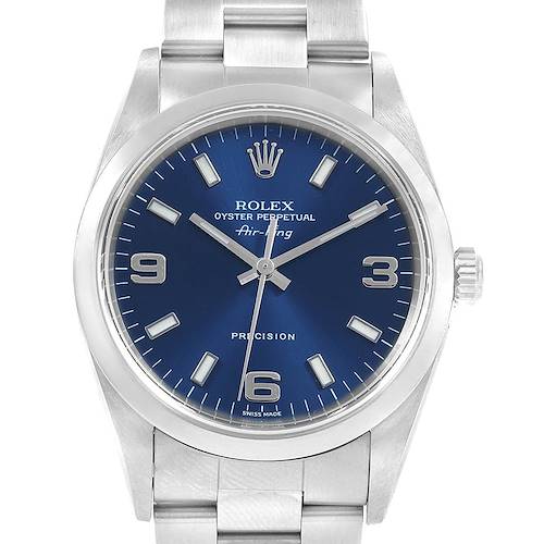 The Rolex Air-King 14000 Men's Stainless Steel Blue Dial 14000 Men's Stainless Steel Blue Dial watch is shown from a front angle, displaying its blue dial, stainless steel case, and bracelet.