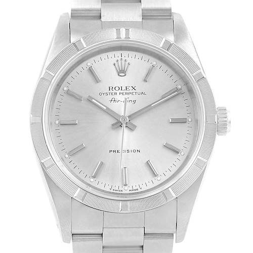 This image shows a front view of the Rolex Air-King 14010 Men's Stainless Steel Silver Dial 14010 Men's Stainless Steel Silver Dial watch, highlighting its dial, hands, markers, bezel, and bracelet.