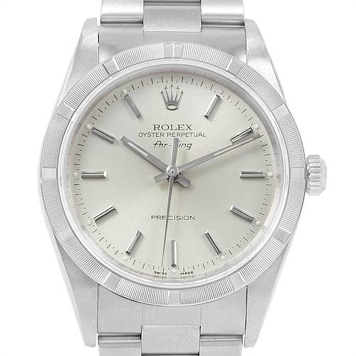 The image shows a front view of the Rolex Air-King 14010 Men's Stainless Steel Silver Dial 14010 Men's Stainless Steel Silver Dial watch, highlighting the dial, bezel, and part of the stainless steel bracelet.