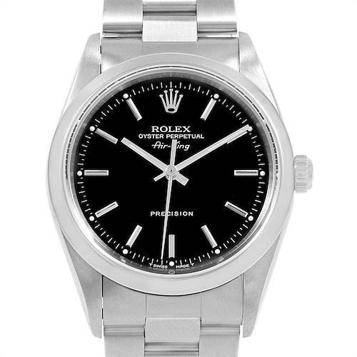 The image shows a front view of a Rolex Air-King 14000 Men's Stainless Steel Black Dial 14000 Men's Stainless Steel Black Dial watch, displaying its black dial, hour markers, hands, crown, and part of the bracelet.