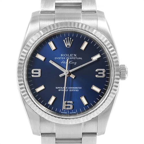 This is a close-up view of the Rolex Air-King 114234 Men's Stainless Steel Blue Dial 114234 Men's Stainless Steel Blue Dial watch, showing the face, bezel, and part of the bracelet.