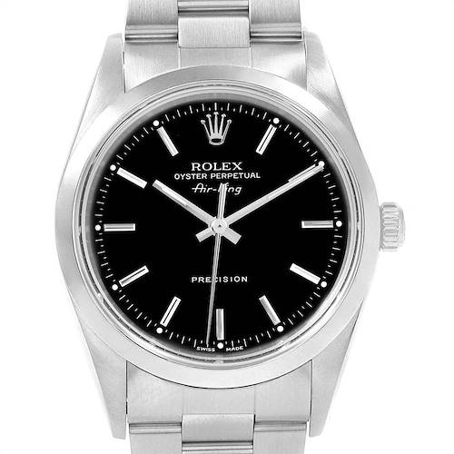 The image shows a frontal view of a Rolex Air-King 14000 Men's Stainless Steel Black Dial 14000 Men's Stainless Steel Black Dial watch, displaying its black dial, silver hands, and stainless steel bracelet.