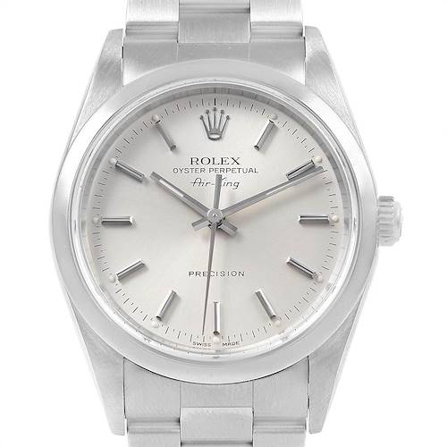 This image shows a front view of a Rolex Air-King 14000 Men's Stainless Steel Silver Dial 14000 Men's Stainless Steel Silver Dial watch, displaying its dial, hands, crown, and part of the bracelet.