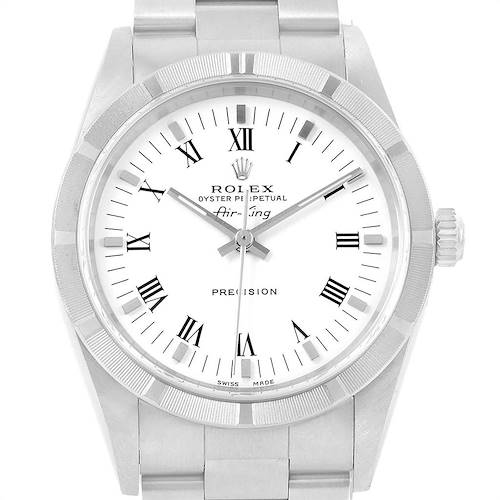 The image shows a front view of a Rolex Air-King 14010 Men's Stainless Steel White Dial 14010 Men's Stainless Steel White Dial watch, highlighting the dial, bezel, and part of the bracelet.