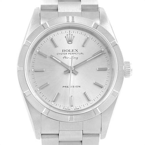 The image shows a front view of the Rolex Air-King 14010 Men's Stainless Steel Silver Dial 14010 Men's Stainless Steel Silver Dial watch, displaying its dial, bezel, hands, and part of the bracelet.