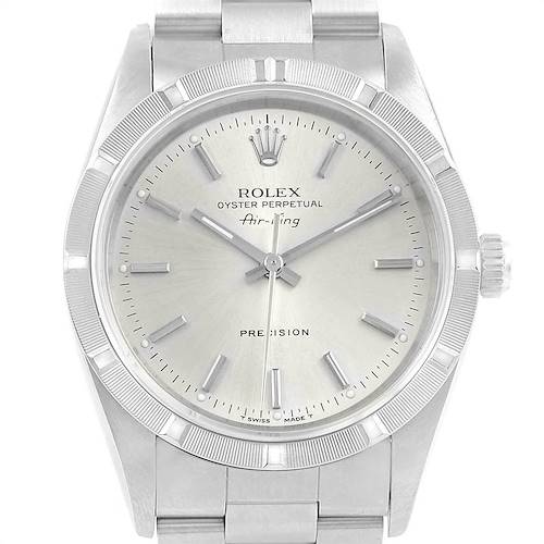 The image shows a front view of the Rolex Air-King 14010 Men's Stainless Steel Silver Dial 14010 Men's Stainless Steel Silver Dial watch, highlighting the dial, bezel, crown, and part of the bracelet.