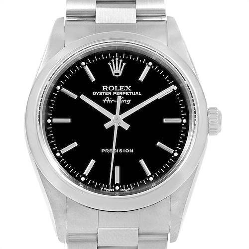 The Rolex Air-King 14000 Men's Stainless Steel Black Dial 14000 Men's Stainless Steel Black Dial watch is shown from a front angle, highlighting its black dial, crown, and stainless steel bracelet.