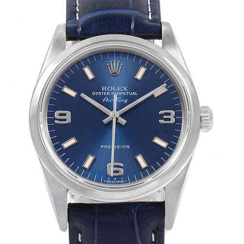 The image shows a front view of a Rolex Air-King 14000 Men's Stainless Steel Blue Dial 14000 Men's Stainless Steel Blue Dial watch, highlighting its blue dial, hour markers, and leather strap.