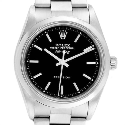 The image shows a front view of the Rolex Air-King 14000 Men's Stainless Steel Black Dial 14000 Men's Stainless Steel Black Dial watch, displaying its black dial, hour markers, and stainless steel bracelet.