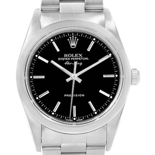 This is a close-up, front view of a Rolex Air-King 14000 Men's Stainless Steel Black Dial 14000 Men's Stainless Steel Black Dial watch, showing the dial, hands, crown, and part of the bracelet.