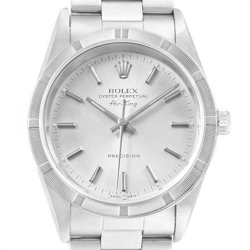 This image shows a front view of the Rolex Air-King 14010 Men's Stainless Steel Silver Dial 14010 Men's Stainless Steel Silver Dial watch displaying its face, bezel, and part of the band.