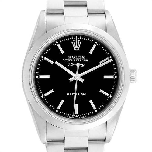 The image shows a front view of a Rolex Air-King 14000 Men's Stainless Steel Black Dial 14000 Men's Stainless Steel Black Dial watch, highlighting its black dial, silver indices, and stainless steel bracelet.