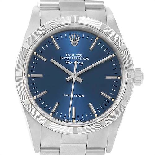 The image shows a frontal view of the Rolex Air-King 14010 Men's Stainless Steel Blue Dial 14010 Men's Stainless Steel Blue Dial watch, displaying the face, bezel, crown, and part of the bracelet.