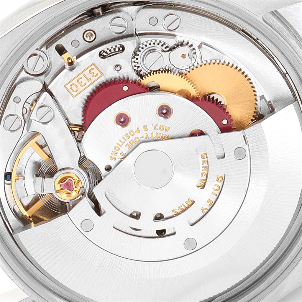 This image shows a close-up of the movement mechanism inside a Rolex Air-King 114234 Men's Stainless Steel Silver Dial 114234 Men's Stainless Steel Silver Dial watch.