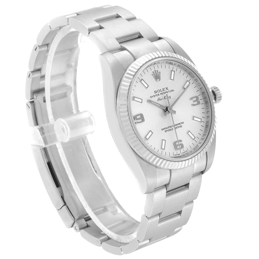 This image shows a side-angle view of the Rolex Air-King 114234 Men's Stainless Steel Silver Dial 114234 Men's Stainless Steel Silver Dial watch, highlighting its face, bezel, bracelet, and crown.