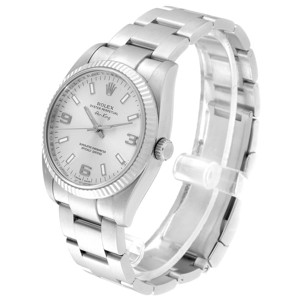 The image shows a Rolex Air-King 114234 Men's Stainless Steel Silver Dial 114234 Men's Stainless Steel Silver Dial watch angled from the front and slightly to the right, highlighting the face, band, and crown.