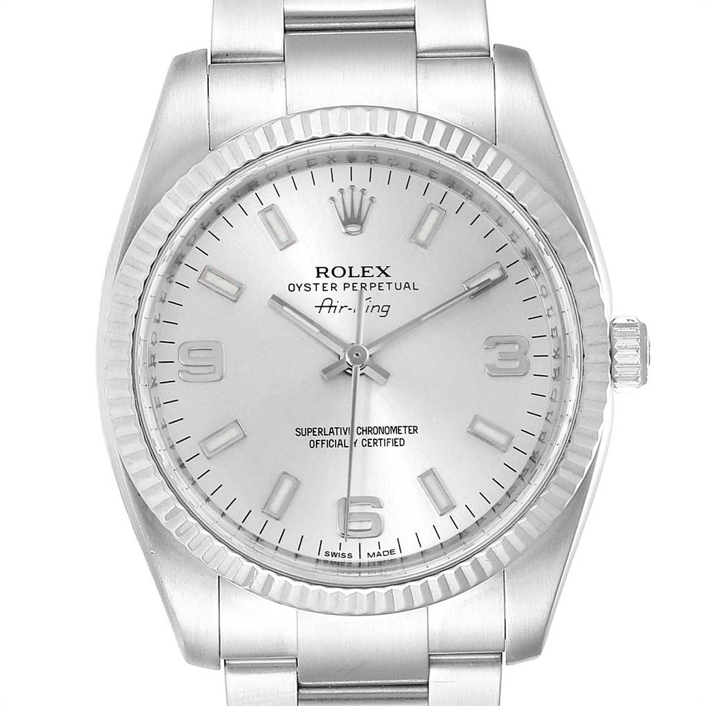 This image shows a front view of the Rolex Air-King 114234 Men's Stainless Steel Silver Dial 114234 Men's Stainless Steel Silver Dial watch, highlighting the watch face, bezel, crown, and part of the bracelet.