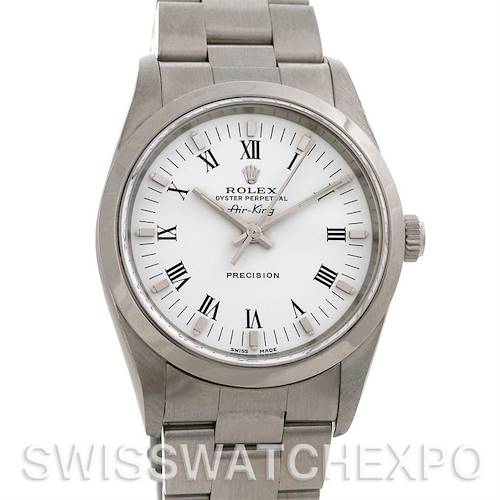 The image shows a front view of a Rolex Air-King 14000M Men's Stainless Steel Silver Dial 14000M Men's Stainless Steel Silver Dial watch, displaying its face, bezel, crown, and bracelet.