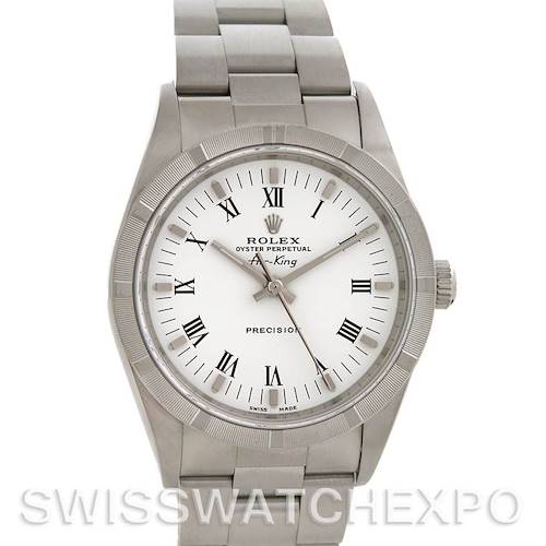 This image shows a front view of a Rolex Air-King 14010 Men's Stainless Steel White Dial 14010 Men's Stainless Steel White Dial watch, displaying the dial, bezel, and bracelet.