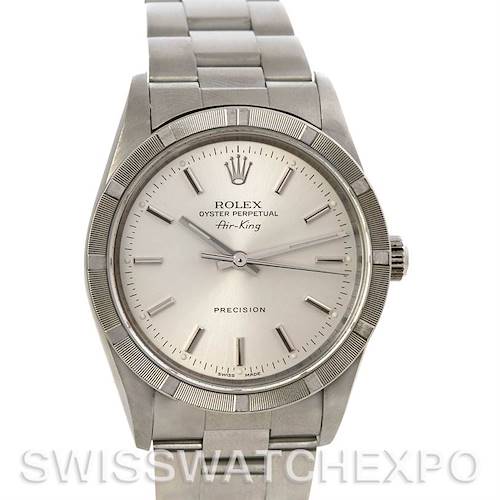 This image shows a front view of the Rolex Air-King 14010 Men's Stainless Steel Silver Dial 14010 Men's Stainless Steel Silver Dial watch, highlighting its dial, bezel, and part of the bracelet.