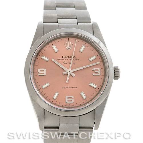 Front view of the Rolex Air-King 14010 Men's Stainless Steel Pink Dial 14010 Men's Stainless Steel Pink Dial watch showing its face, hands, and part of the bracelet.
