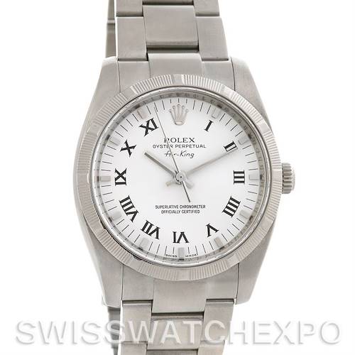 The image shows a frontal view of a Rolex Air-King 114210 Men's Stainless Steel White Dial 114210 Men's Stainless Steel White Dial watch, displaying its white dial, Roman numerals, and metal bracelet.