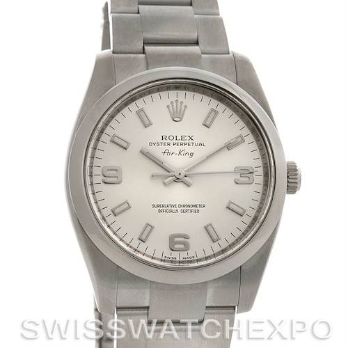 The Rolex Air-King 114200 Men's Stainless Steel Silver Dial 114200 Men's Stainless Steel Silver Dial watch is displayed in a front-facing view, showing the dial, bracelet, and crown.
