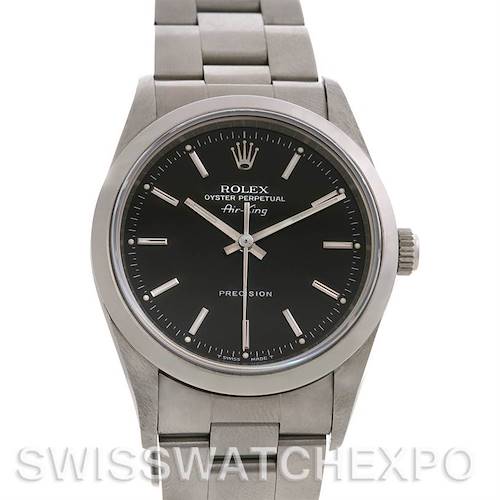 The image shows a front view of the Rolex Air-King 14000 Men's Stainless Steel Black Dial 14000 Men's Stainless Steel Black Dial watch, displaying its face, bezel, and part of the metal bracelet.