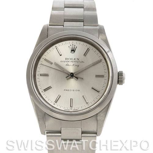 The image shows a front view of the Rolex Air-King 14000M Men's Stainless Steel Silver Dial 14000M Men's Stainless Steel Silver Dial watch, displaying its face, crown, and stainless steel bracelet.