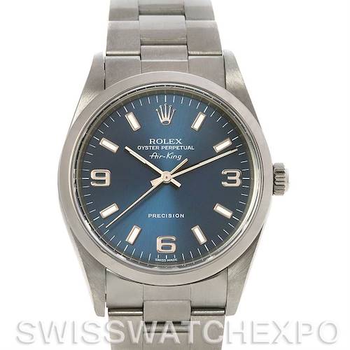 The image shows a front view of the Rolex Air-King 14000M Men's Stainless Steel Blue Dial 14000M Men's Stainless Steel Blue Dial watch, highlighting the face, bezel, and a portion of the bracelet.