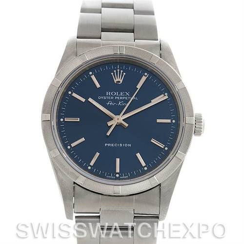 This image shows the front view of a Rolex Air-King 14010 Men's Stainless Steel Blue Dial 14010 Men's Stainless Steel Blue Dial watch, highlighting its face, bezel, crown, and bracelet.
