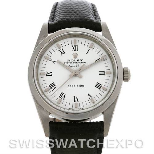 The image shows a front view of the Rolex Air-King 14000 Men's Stainless Steel White Dial 14000 Men's Stainless Steel White Dial watch displaying its face and strap.