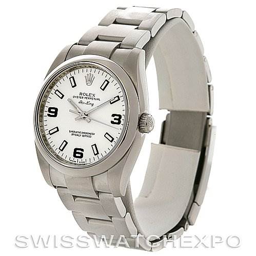 The image shows a Rolex Air-King 114200 Men's Stainless Steel White Dial 114200 Men's Stainless Steel White Dial watch at a slight angle, highlighting the face and part of the bracelet.