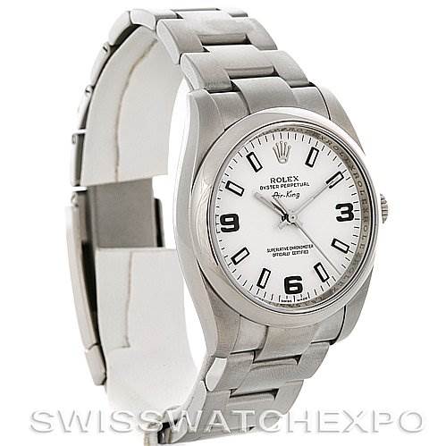 The image shows a side-angle view of the Rolex Air-King 114200 Men's Stainless Steel White Dial 114200 Men's Stainless Steel White Dial watch, highlighting the bracelet, case, and dial.