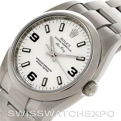 This image shows a Rolex Air-King 114200 Men's Stainless Steel White Dial 114200 Men's Stainless Steel White Dial watch from a top-front angle, highlighting its dial, bezel, and bracelet.